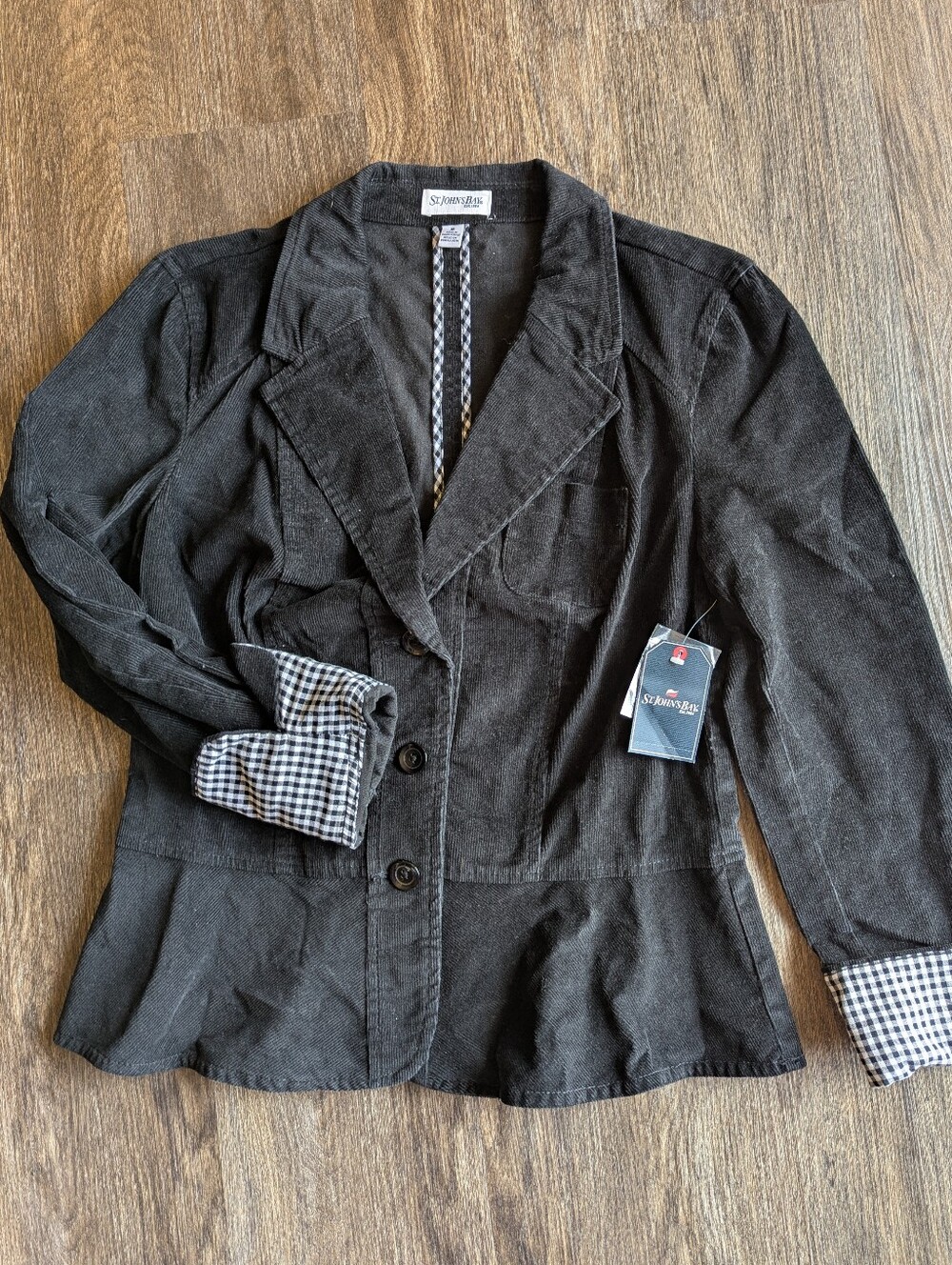 St. John's Bay Women's Black Corduroy Blazer with Gingham Cuffs NWT Medium